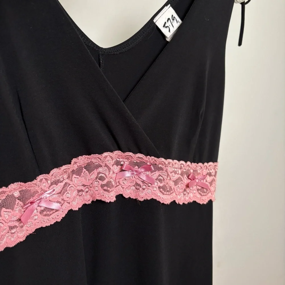 Vintage 90s Y2K Coquette Asymmetrical Babydoll Stretchy  Midi Dress Lace Bow S/M